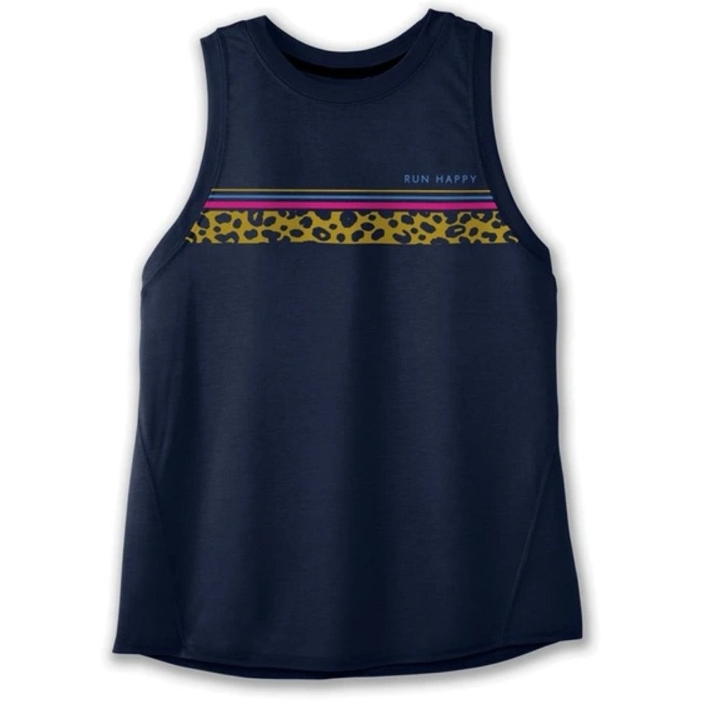 Brooks Run Happy Cropped Muscle Tank Top Leopard Graphic Navy Small